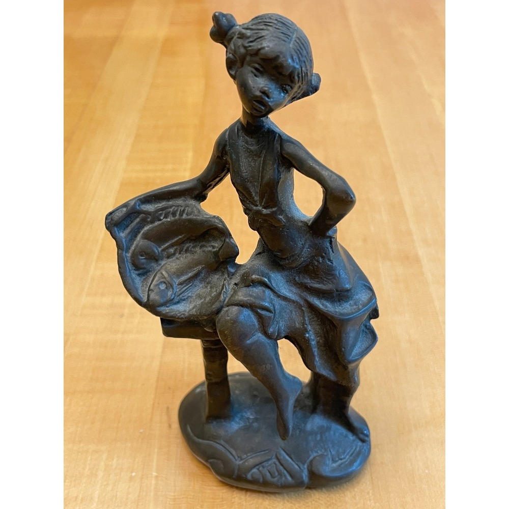 Art Deco Style Girl with Basket of Fish Bronze or Cast Iron Charming Whimsical